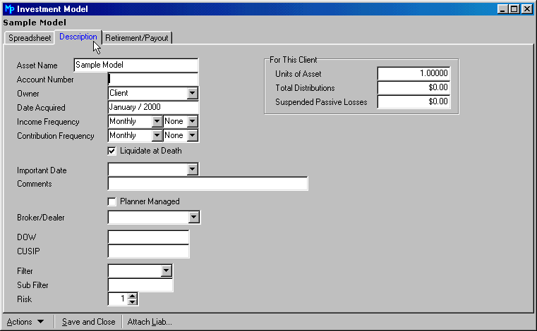 Description Tab for Investment Models